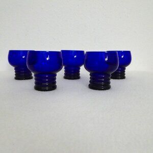 Vintage Imperial Cobalt Blue Ribbed Bottom Drinking Glasses SET of 5 Juice 1930s